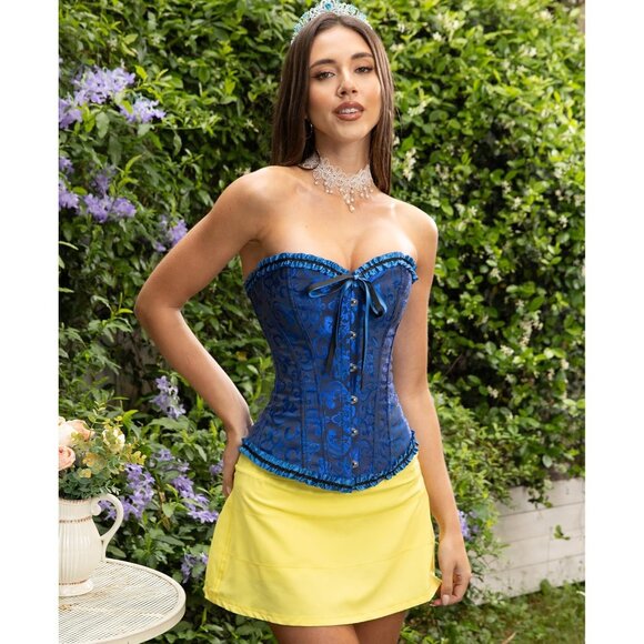 Women's Black and Blue Corset Tops Bustier Lingerie Lace Waist Push Up Bodysuit - Picture 4 of 8